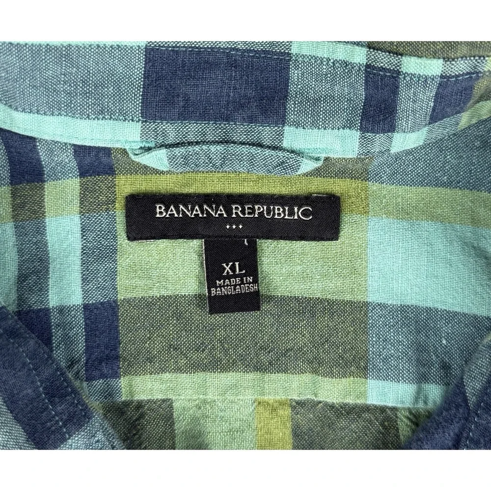 Banana Republic XL Plaid Short Sleeve Button Front Shirt Green Blue